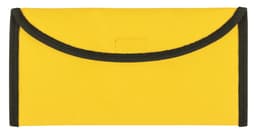 A yellow travel document holder with a black trim and a flap closure. It features a logo.