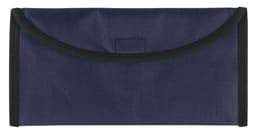 A navy blue travel document holder with a black trim and a flap closure, featuring a simple logo.