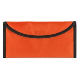 An orange travel document holder with black trim and a flap closure, featuring a logo.