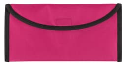 A pink travel document holder with a black trim and a flap closure, featuring a logo.
