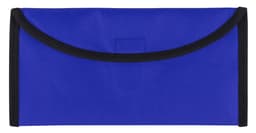 A blue travel document holder with a black trim and a logo, designed for carrying documents securely.
