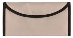 A beige travel document holder with black trim, featuring a flap closure and a simple design. It has branding on the front.