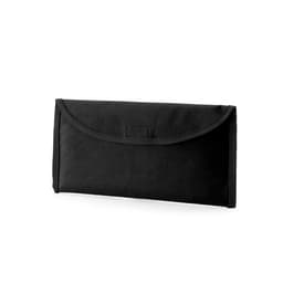A black fabric pouch with a flap closure and a subtle branding logo. Suitable for various storage needs.