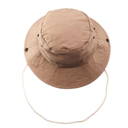 A tan safari hat with a wide brim and adjustable chin strap, featuring ventilation holes.