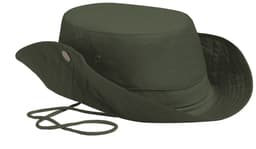 A green Safari Hat with a wide brim and chin strap, featuring a simple logo on the side.
