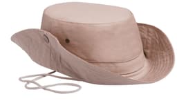 A beige safari hat with a wide brim and a chin strap, featuring a small logo on the side.
