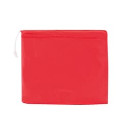 A red poncho stored in a compact bag, featuring a drawstring closure and a logo on the pouch.