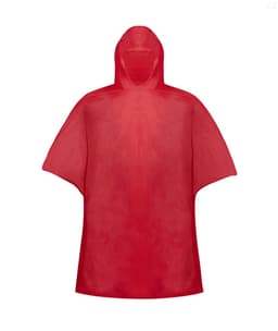A red poncho featuring a hood, made from lightweight material, with a logo displayed on it.