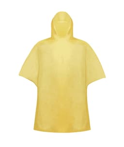 A yellow poncho raincoat with a hood, featuring a loose fit and a simple design. It includes a logo.