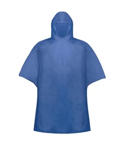 A blue poncho raincoat with a hood, featuring a simple design and a logo.