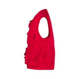 A red vest with multiple pockets and a zip, featuring an armhole design and a sleek silhouette.