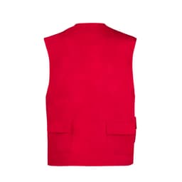 A red vest featuring a sleeveless design with two front pockets. The back is smooth and plain, with a logo visible.