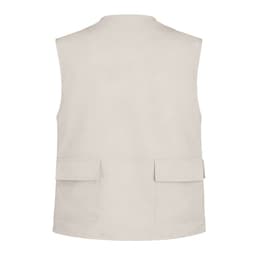 A beige sleeveless vest with two front pockets and a simple design, featuring a logo on the back.