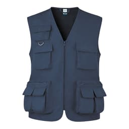 A navy vest featuring multiple pockets and a zip front, designed for practical use.