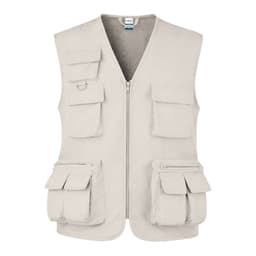 A beige vest featuring multiple pockets and a front zip closure. It has a mesh lining and includes a logo.