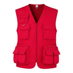 A red vest with multiple pockets and a front zipper, featuring a logo on the label.