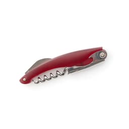 A red corkscrew with a stainless steel spiral and a built-in bottle opener. It has a sleek, ergonomic design.