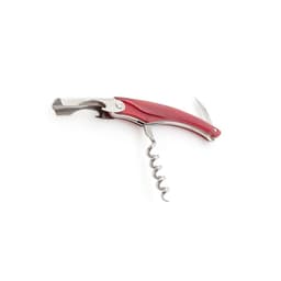A red corkscrew with a metal lever and spiral screw, featuring a bottle opener and a foil cutter. It has a logo.