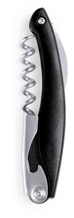 A black corkscrew with a spiral metal worm and a silver lever, featuring a simple design and a logo.