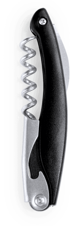 A corkscrew with a black handle and a metallic body, featuring a spiral opener and a branding logo.
