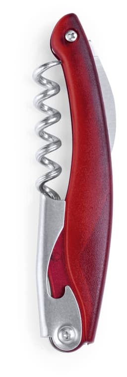 A red corkscrew with a metal spiral and a foldable handle, featuring a branding logo.