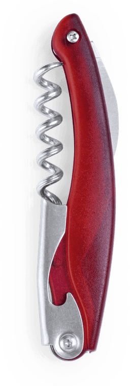 A red corkscrew with a silver finish, featuring a spiral metal tip and a lever mechanism for opening bottles.