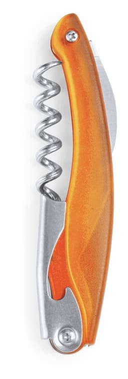 An orange corkscrew with a metal spiral and a silver blade, featuring a logo on the handle.
