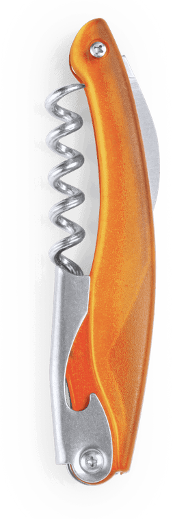 An orange corkscrew with a silver handle and a spiral helix. It features a logo on the handle.
