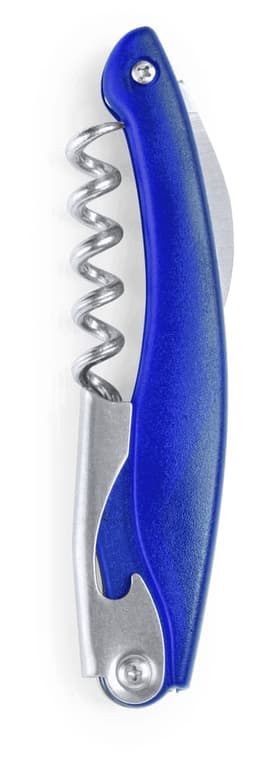 A blue corkscrew with a spiral opener and a silver foil cutter, featuring a compact design and a logo.
