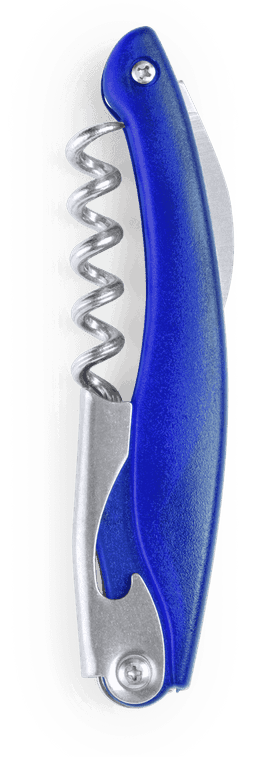 A blue corkscrew with a metal spiral and a silver handle, featuring a branding logo.