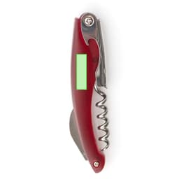 A red corkscrew with a metal spiral and a bottle opener, featuring a logo on the handle.