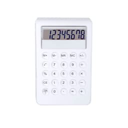 A white calculator features a large digital display and numerous buttons for calculations.