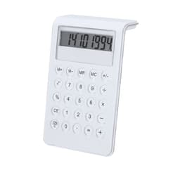A white calculator with a digital display and numbered buttons, featuring a sleek, modern design.