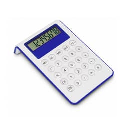A white and blue calculator with a digital display and numeric keypad, featuring an integrated stand.