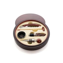 A wine accessory set featuring a corkscrew, stopper, pourer, and reel, all in a stylish wooden box with a burgundy finish.
