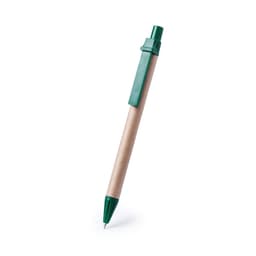 A green pen with a brown paper barrel and a green cap, featuring a clip and a logo.