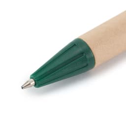 A green-tipped pen with a natural brown barrel, featuring a logo on the side.