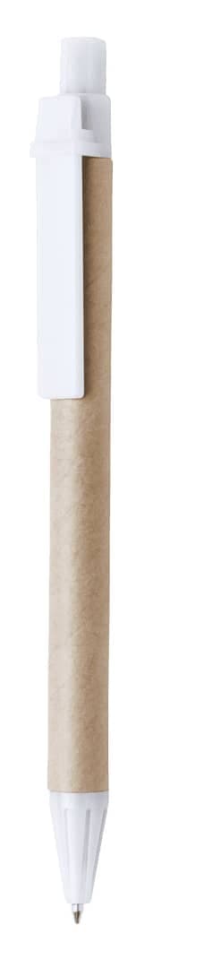 A pen with a white top and a brown paper barrel, featuring a clip and a branding logo.