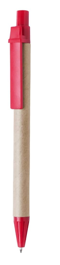 A red pen with a cardboard barrel and a matching red clip, featuring a logo on its side.