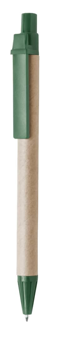A green and brown pen featuring a natural cardboard barrel and a green cap, with a logo on the pen's surface.