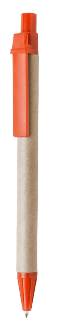 A pen with an orange cap and tip, featuring a brown paper barrel and a clip. It has a logo on the barrel.