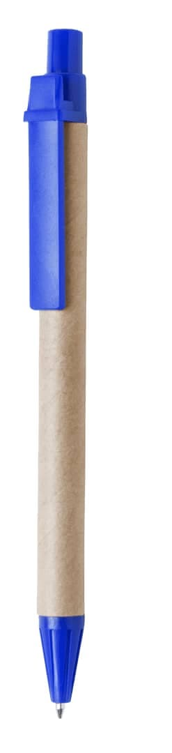 A blue pen with a round tip and a brown cardboard barrel. It features a clip and a branding logo.