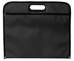 A black document bag with a handle and a zippered closure, featuring a simple design and a branded logo.