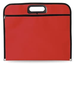 A red document bag with a zippered pocket and a sturdy handle, featuring a contrasting black trim.