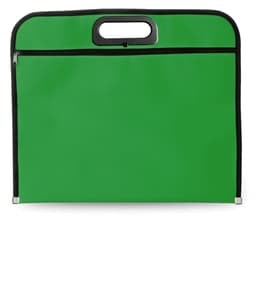 A green document bag featuring a zippered closure and a handle, with black borders and a logo.