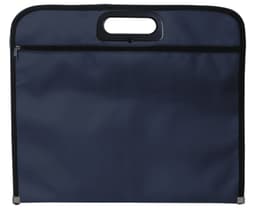 A navy blue document bag with a handle and zippered compartment, featuring a logo.
