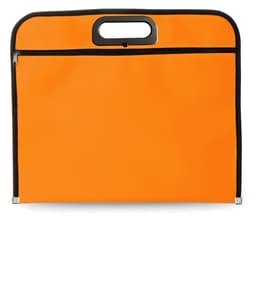 An orange document bag with a handle and a black zip closure. It features a logo on the front.