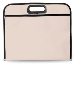 A light beige document bag with a zippered closure and a sturdy black handle. It features a logo.