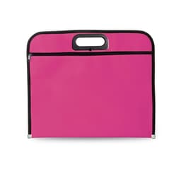 A pink bag with a black zipper and handle, featuring a large foldable design. It has a logo on the front.