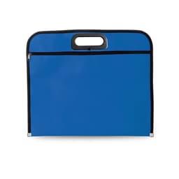 A blue promotional bag with a black trim and handle, featuring a zippered compartment. It has a logo on the front.